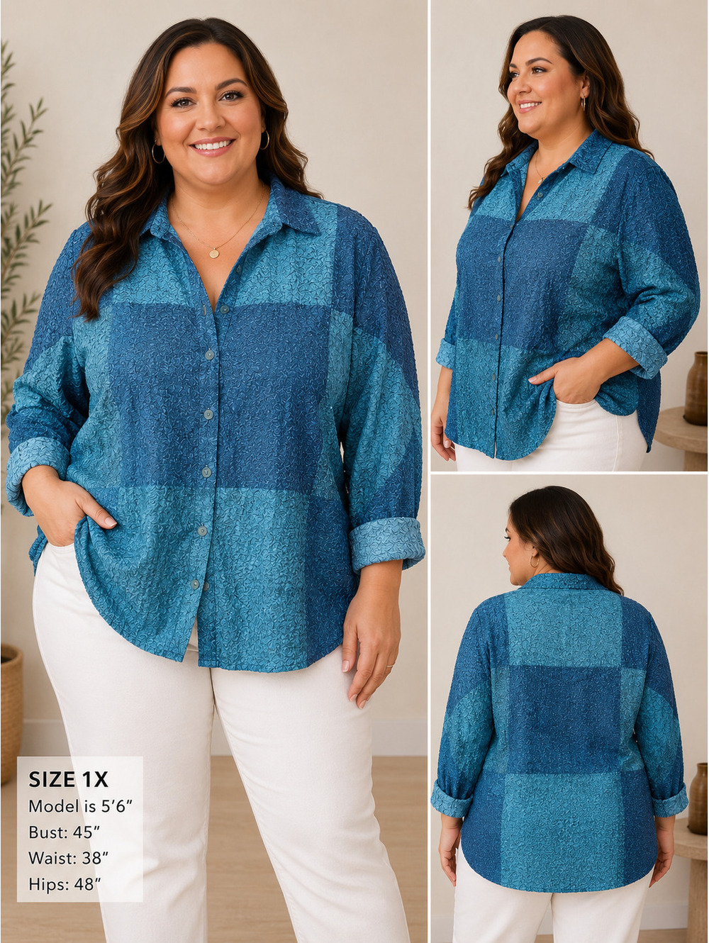 Itsu Blue Textured Polyester Button-Up Shirt Size 1X